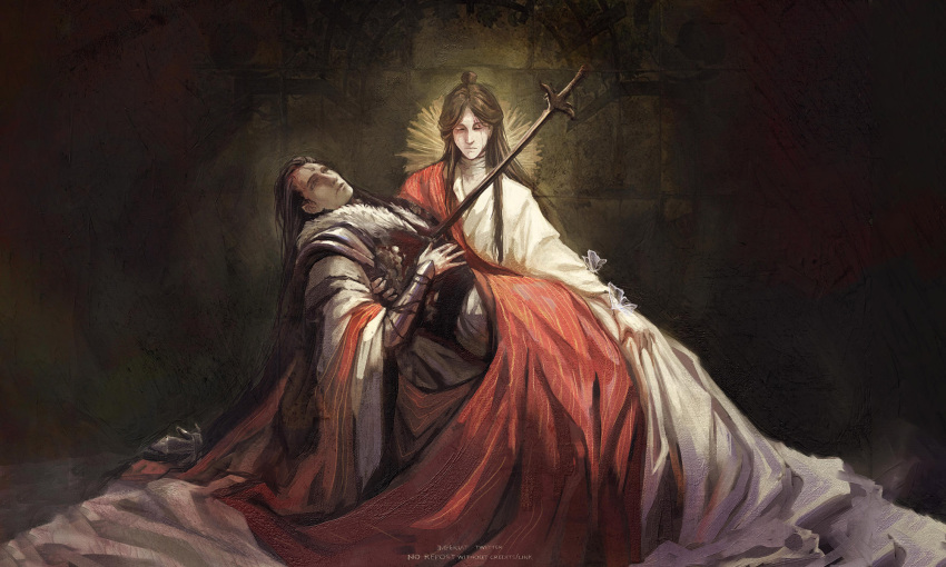 2boys, armor, bandaged_neck, bandages, black_hair, blood, blood_on_clothes, blood_on_face, bracer, brown_hair, bug, butterfly, chinese_clothes, closed_eyes, facial_mark, fine_art_parody, forehead_mark, full_body, fur_trim, hair_bun, hanfu, highres, i_imperiat, jian_(weapon), jun_wu, long_hair, long_sleeves, looking_up, lying_on_lap, male_focus, multiple_boys, parody, parted_lips, pieta, red_robe, robe, shoulder_armor, sitting, spoilers, stab, sword, tianguan_cifu, weapon, white_hanfu, wide_sleeves, xie_lian