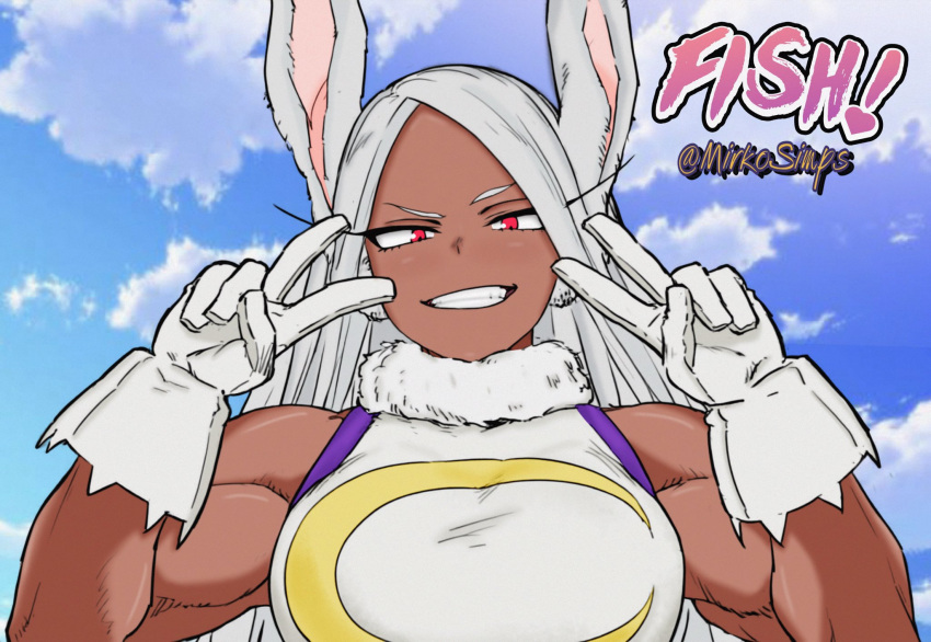 1girl, animal_ears, artist_collaboration, artist_name, bare_shoulders, blue_sky, boku_no_hero_academia, breasts, clouds, cloudy_sky, colorized, crescent_print, dark-skinned_female, dark_skin, double_v, english_commentary, fur_collar, gloves, grin, hands_up, highres, large_breasts, leotard, long_eyelashes, long_hair, looking_at_viewer, mirko, mirkosimps, parallaxfused, parted_bangs, rabbit_ears, rabbit_girl, raised_eyebrow, red_eyes, sky, sleeveless_turtleneck_leotard, smile, solo, taut_leotard, teeth, toned_female, twitter_username, upper_body, v, very_long_hair, white_gloves, white_hair, white_leotard