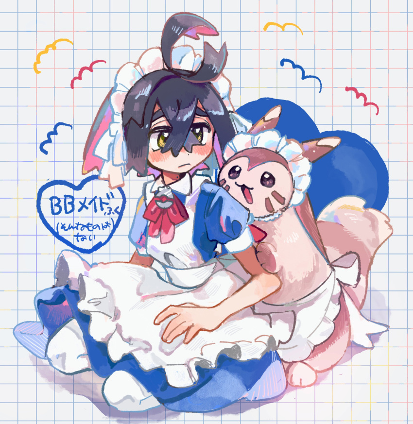 absurdres, alternate_costume, apron, black_hair, blue_dress, blush, closed_mouth, clothed_pokemon
