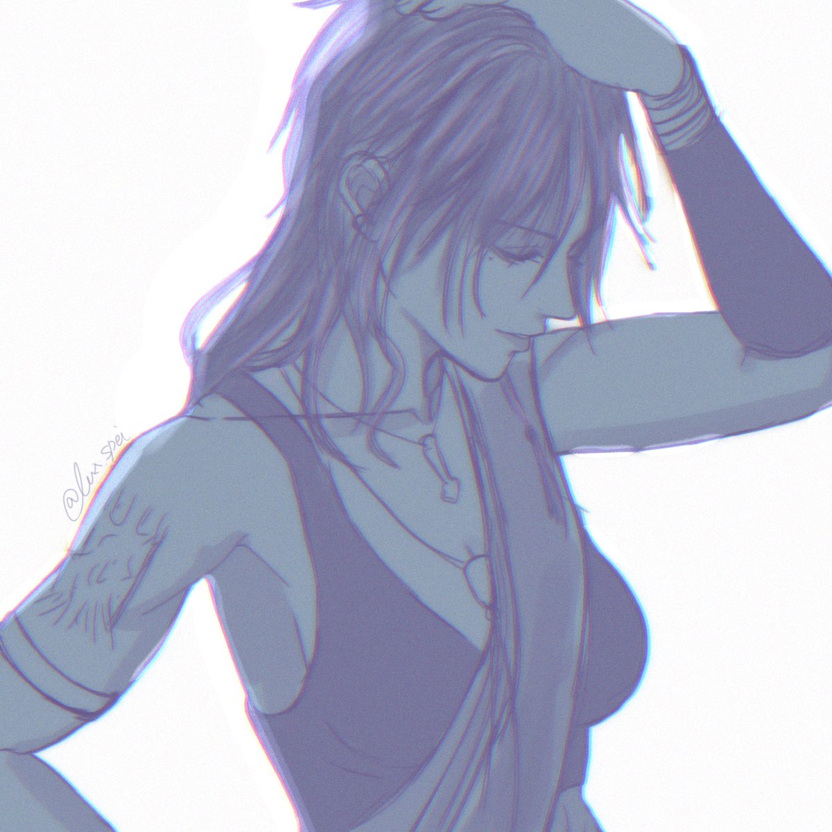 1girl, arm_tattoo, arm_up, bare_shoulders, breasts, closed_eyes, closed_mouth, commentary