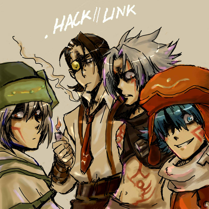 .hack, .hack//link, 4boys, brown_background, cigarette, fluegel, haseo, kite_(.hack//)