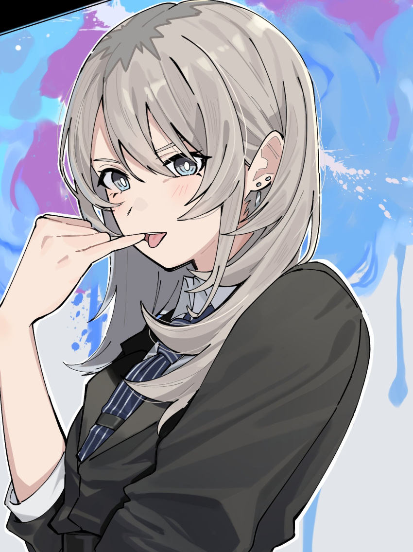 1girl, belt, black_belt, black_jacket, blue_necktie, collared_shirt, commentary, ear_piercing