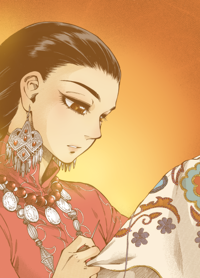 1girl, amir_halgal, black_hair, braid, brown_eyes, cloth, colorized, dress, ear_piercing, earrings, holding, holding_cloth, holding_needle, holding_sewing_needle, jewelry, kazakh_clothes, looking_at_object, necklace, needle, otoyomegatari, piercing, red_dress, savaralyn2, sewing, sewing_needle, teeth