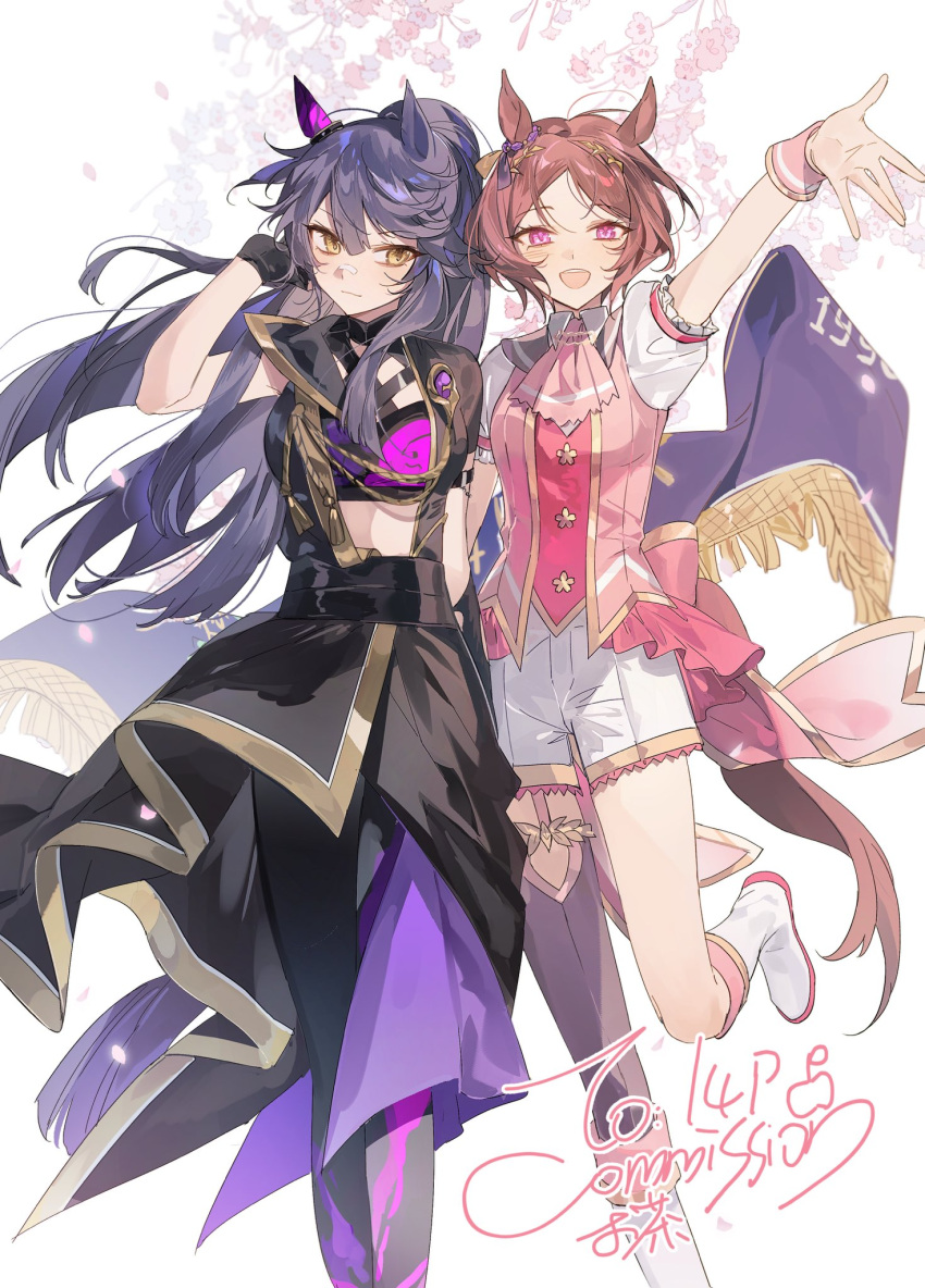 2girls, :d, animal_ears, artist_name, ascot, bandaid, bandaid_on_face, bandaid_on_nose, black_gloves, black_hair, black_thighhighs, boots, brown_hair, chachalnene, commission, ear_covers, feet_out_of_frame, flower_in_eye, gloves, highres, horse_ears, horse_girl, horse_tail, leg_up, long_hair, looking_at_viewer, multiple_girls, narita_brian_(hungry_wolves)_(umamusume), narita_brian_(umamusume), official_alternate_costume, parted_bangs, pink_ascot, puffy_short_sleeves, puffy_sleeves, sakura_laurel_(umamusume), short_hair, short_sleeves, shorts, simple_background, single_ear_cover, single_thighhigh, smile, symbol_in_eye, tail, thigh-highs, umamusume, violet_eyes, white_background, white_footwear, white_shorts, wrist_cuffs, yellow_eyes