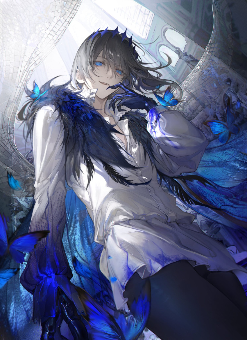 1boy, ambiguous_blue_liquid, arthropod_boy, arthropod_limbs, blue_eyes, bug, butterfly, butterfly_wings