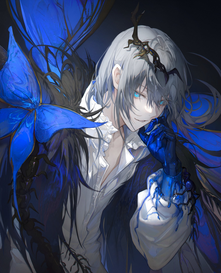 1boy, absurdres, ambiguous_blue_liquid, arthropod_boy, arthropod_limbs, blue_eyes, bug, butterfly