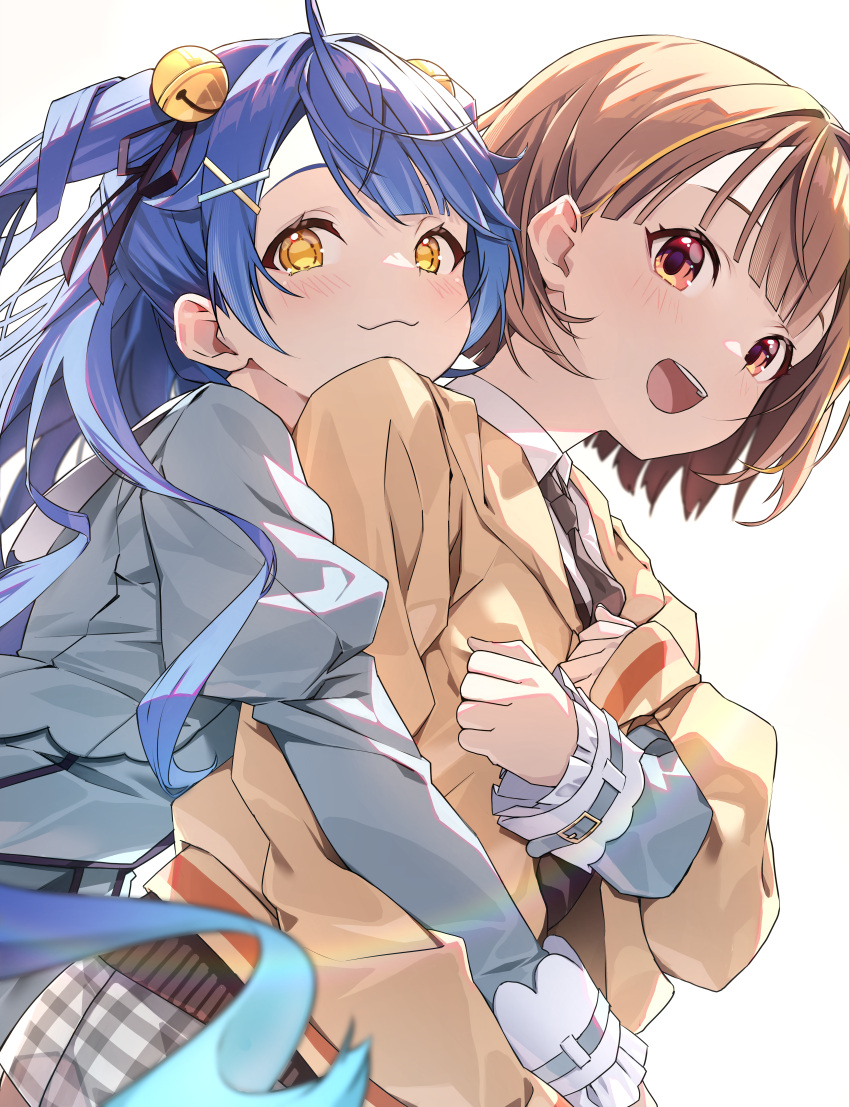 2girls, absurdres, amamiya_kokoro, amamiya_kokoro_(1st_costume), bell, black_necktie, blue_dress, blue_hair