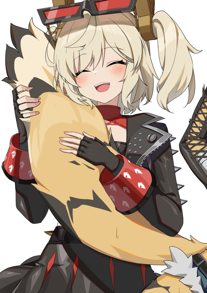 2girls, :d, ^_^, absurdres, black_gloves, black_jacket, blonde_hair, blush