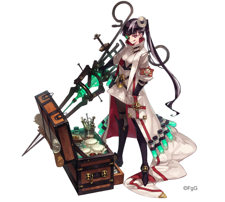 1girl, black_hair, boots, brown_pantyhose, da-kuro, dare_ga_tame_no_alchemist, doctor, full_body, grey_hair, hair_behind_ear, hand_in_pocket, highres, jacket, licking_lips, long_hair, looking_at_viewer, multicolored_hair, natalie_(dare_ga_tame_no_alchemist), official_art, pantyhose, ponytail, red_eyes, scroll, second-party_source, simple_background, solo, test_tube, tongue, tongue_out, transparent_background, two-tone_hair, white_jacket
