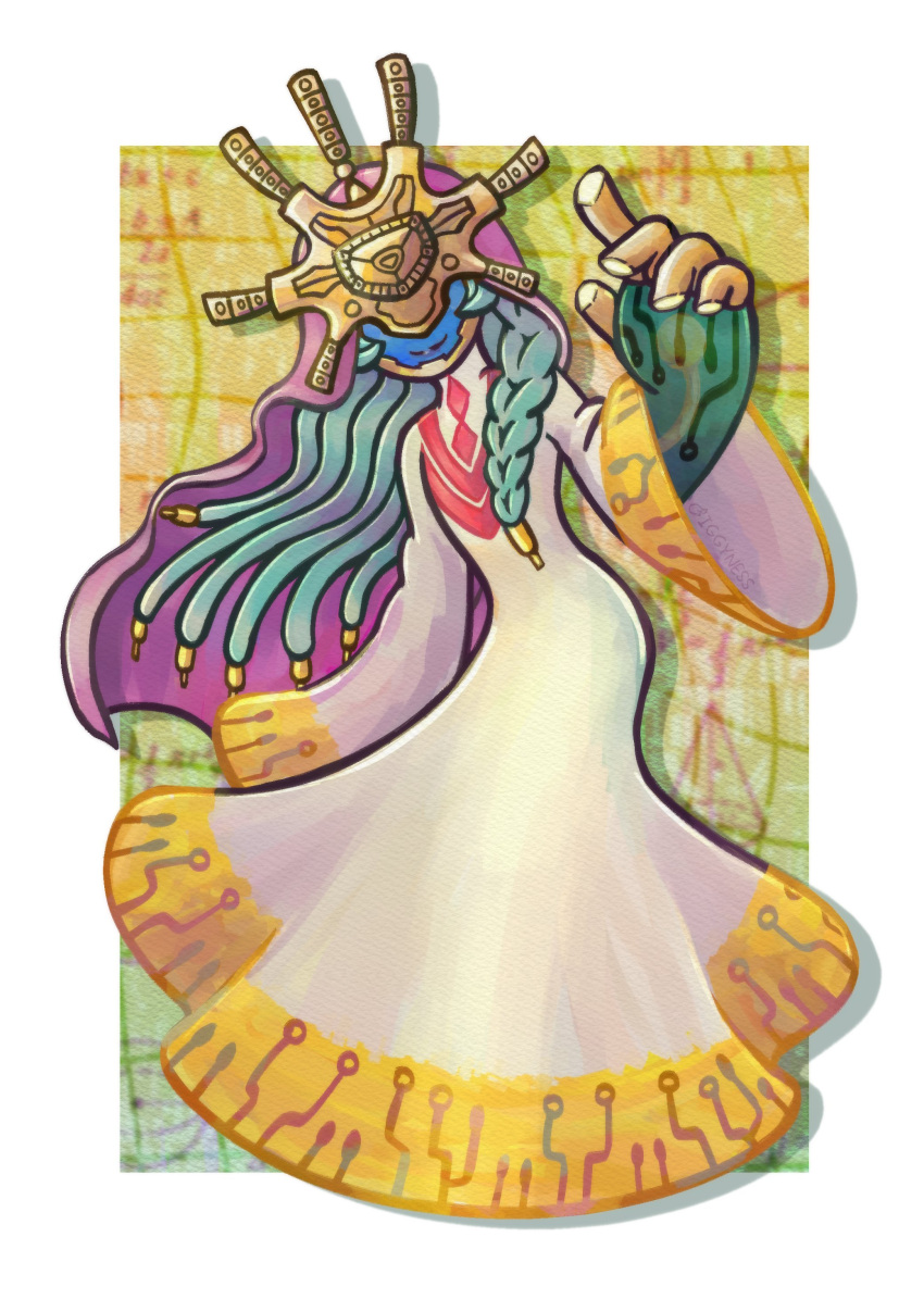 1girl, absurdres, blue_skin, braid, circuit, colored_skin, covered_eyes, digimon, digimon_(creature), dress, facing_viewer, gold_mask, gold_trim, green_hair, highres, iggyness, long_dress, long_hair, long_sleeves, mask, purple_veil, quantumon, smile, white_dress, wide_sleeves