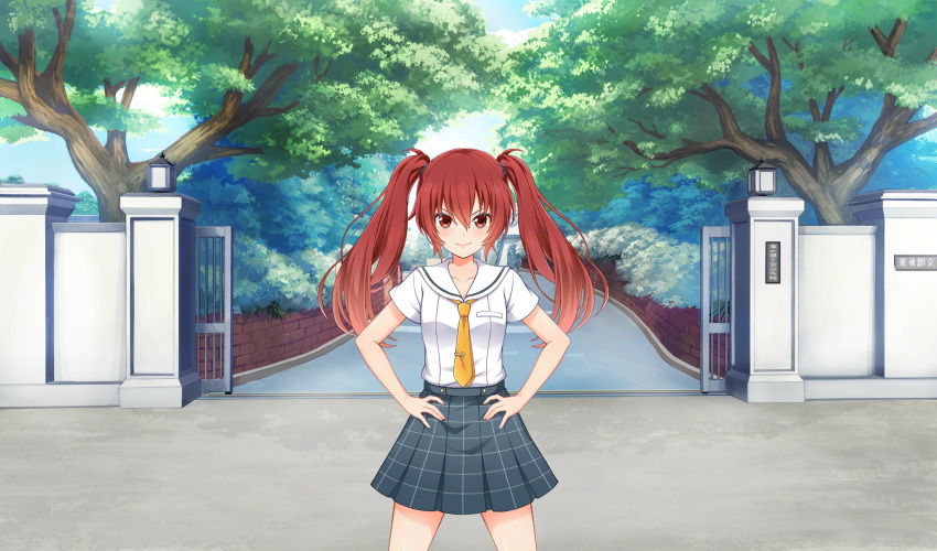 1girl, agatsuma_sora, cinderella_series, closed_mouth, game_cg, grey_skirt, hachigatsu_no_cinderella_nine, hands_on_own_hips