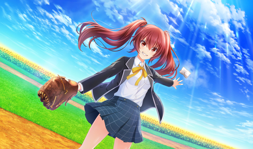 1girl, agatsuma_sora, baseball_field, baseball_mitt, black_jacket, blue_sky, cinderella_series, clouds