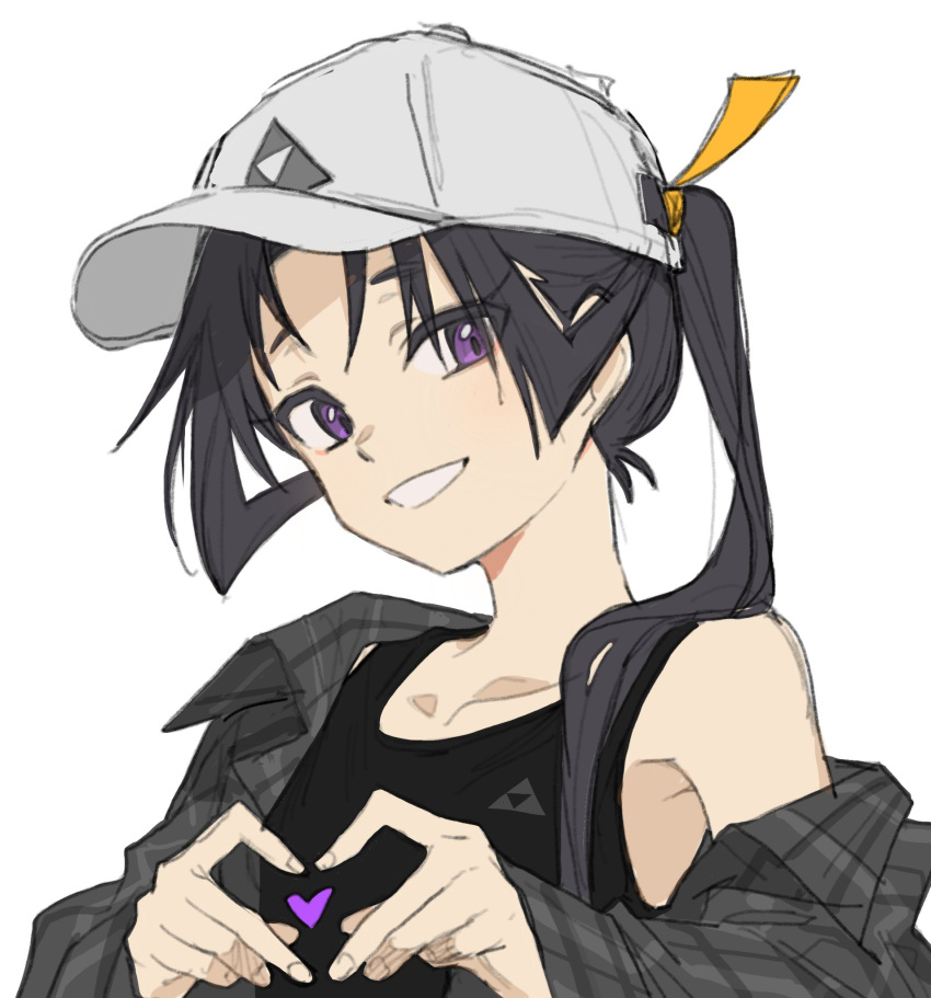 1boy, 4-finger_heart_hands, :d, armpit_peek, baseball_cap, black_hair, black_tank_top, casual