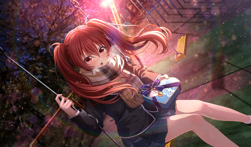 1girl, agatsuma_sora, black_jacket, blurry, blush, box, breath, cinderella_series