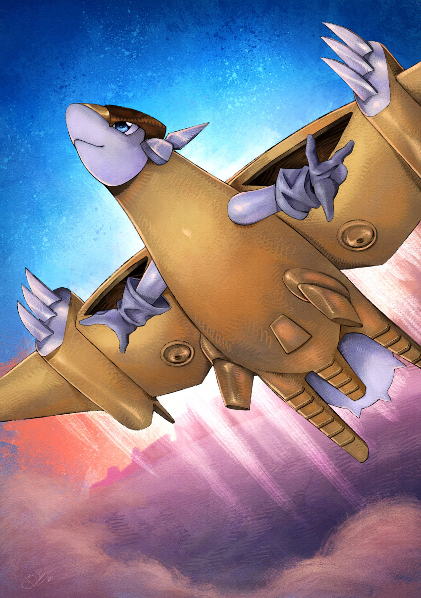 absurdres, armor, baltarbd, blue_eyes, claws, clouds, digimon, digimon_(creature)