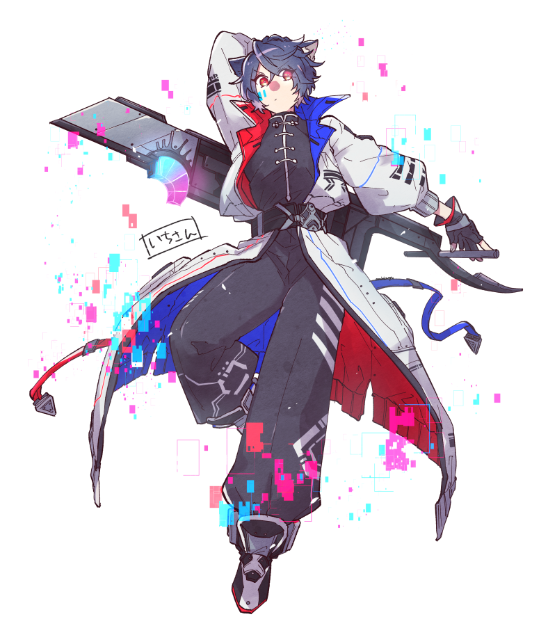1boy, :/, ankle_boots, arm_behind_head, belt, black_belt, black_footwear, black_gloves, black_jacket, black_pants, blue_coat, blue_hair, boots, boxcutter, chinese_clothes, coat, dark_blue_hair, facial_mark, fingerless_gloves, glitch, gloves, jacket, looking_at_viewer, male_focus, masaki_(star8moon), multicolored_coat, original, outstretched_arm, pants, puffy_pants, red_coat, red_eyes, science_fiction, short_hair, simple_background, solo, swept_bangs, tangzhuang, two-sided_coat, two-sided_fabric, v-shaped_eyebrows, weapon, white_background, white_coat
