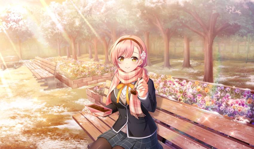 1girl, asymmetrical_bangs, bench, black_jacket, box, box_of_chocolates, brown_cardigan, brown_pantyhose, cardigan, chain-link_fence, cinderella_series, closed_mouth, collared_shirt, fence, film_grain, flower, fork, game_cg, grey_skirt, hachigatsu_no_cinderella_nine, hair_flower, hair_ornament, hairband, highres, holding, holding_box, holding_fork, incoming_food, jacket, light_particles, light_rays, long_sleeves, looking_at_viewer, low_twintails, medium_hair, neck_ribbon, non-web_source, official_art, on_bench, outdoors, pansy, pantyhose, park, park_bench, pink_hair, pink_scarf, plaid_clothes, plaid_scarf, plaid_skirt, pleated_skirt, purple_flower, purple_pansy, ribbon, sakurada_chiyo, scarf, school_uniform, shirt, sitting, skirt, smile, snow, solo, sparkle, sunbeam, sunlight, tree, twintails, valentine, white_shirt, winter, wooden_bench, yellow_eyes, yellow_flower, yellow_pansy, yellow_ribbon