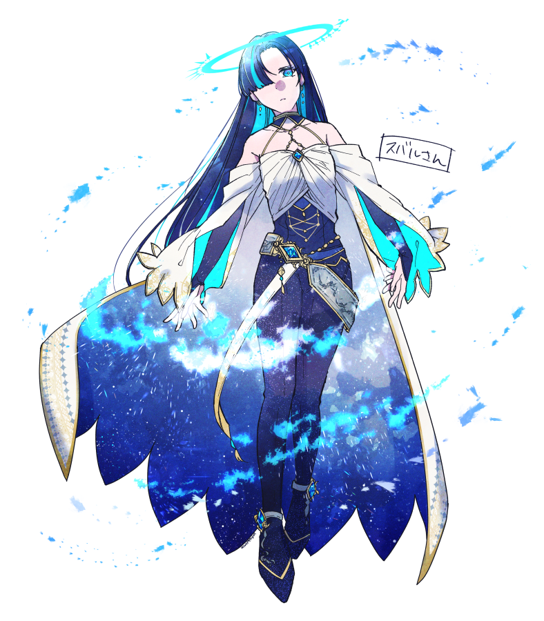 1girl, aqua_hair, aqua_sleeves, bare_shoulders, belt, blue_cape, blue_corset, blue_eyes