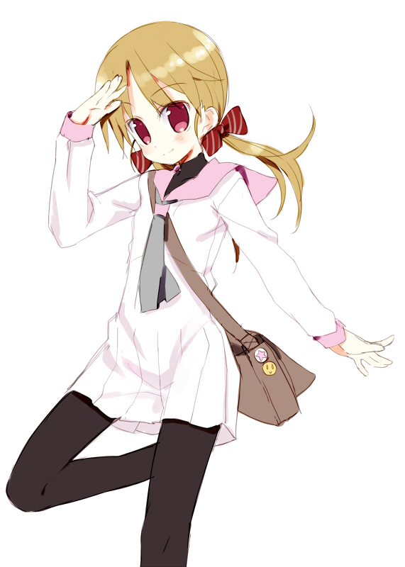 black_legwear, bow, brown_hair, dress, female, hair_bow, hair_ribbon, meito_(artist)