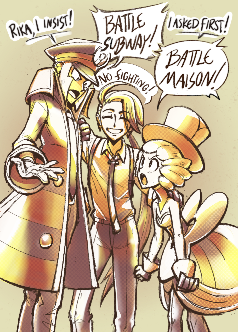 1boy, 2girls, ahoge, arguing, belt, black_coat, black_gloves, black_hat