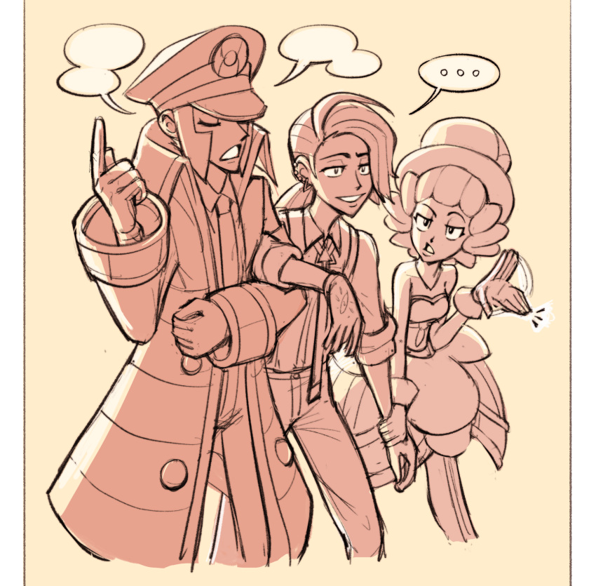 ..., 1boy, 2girls, ahoge, armband, belt, choochooboss, closed_eyes