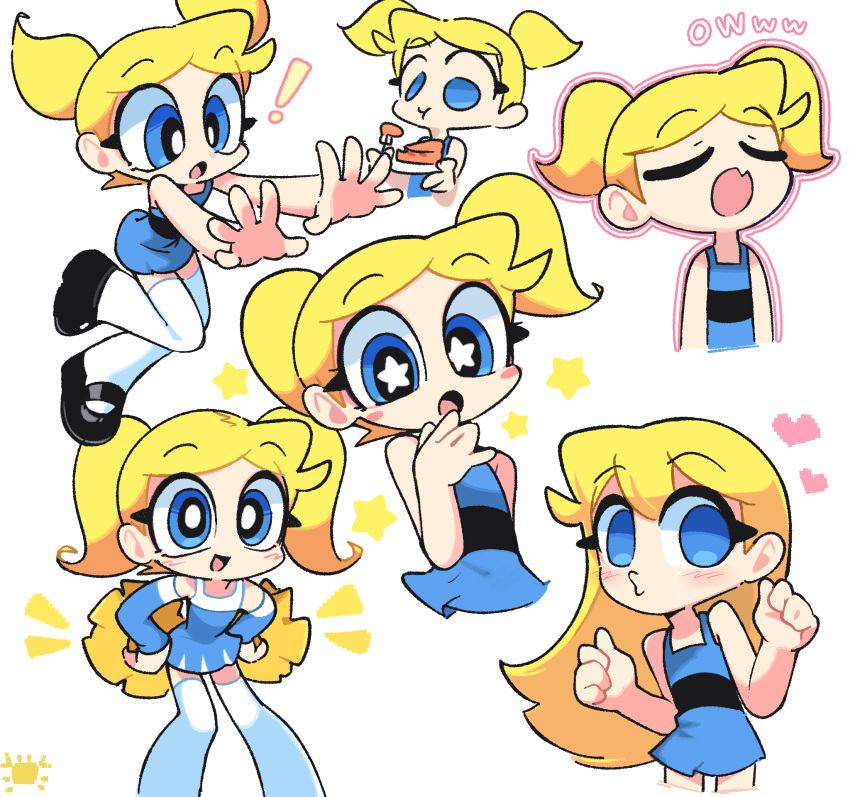 blonde_hair, blue_eyes, blush, bubbles_(ppg), cake, cake_slice, cheek_blush, cheerleader, commentary, eating, english_commentary, food, hair_down, heart, highres, kim_crab, leggings, looking_at_viewer, mary_janes, powerpuff_girls, shoes, short_twintails, star-shaped_pupils, star_(symbol), symbol-shaped_pupils, twintails, white_leggings