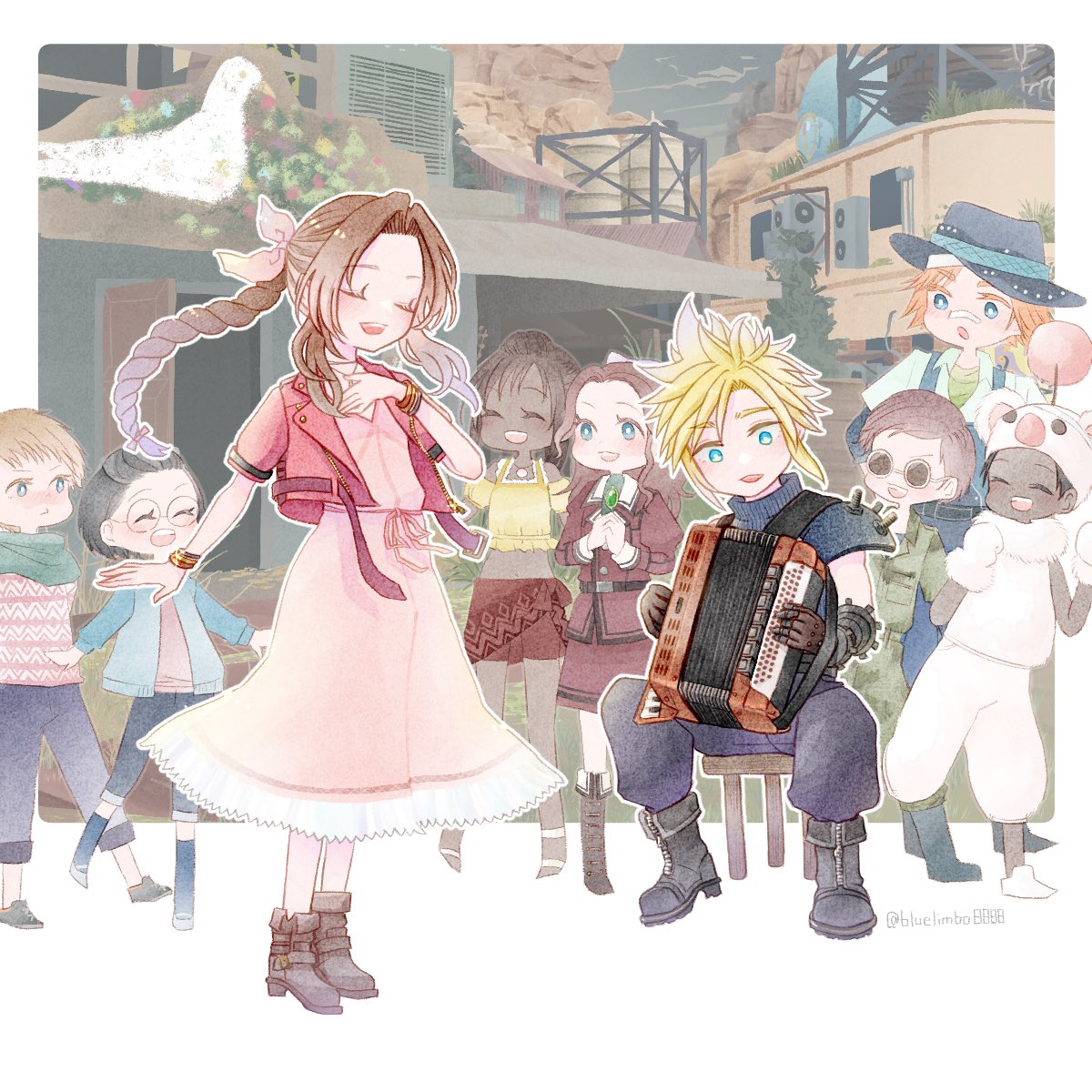4girls, 5boys, accordion, aerith_gainsborough, aqua_eyes, armor, baggy_pants, bandaid