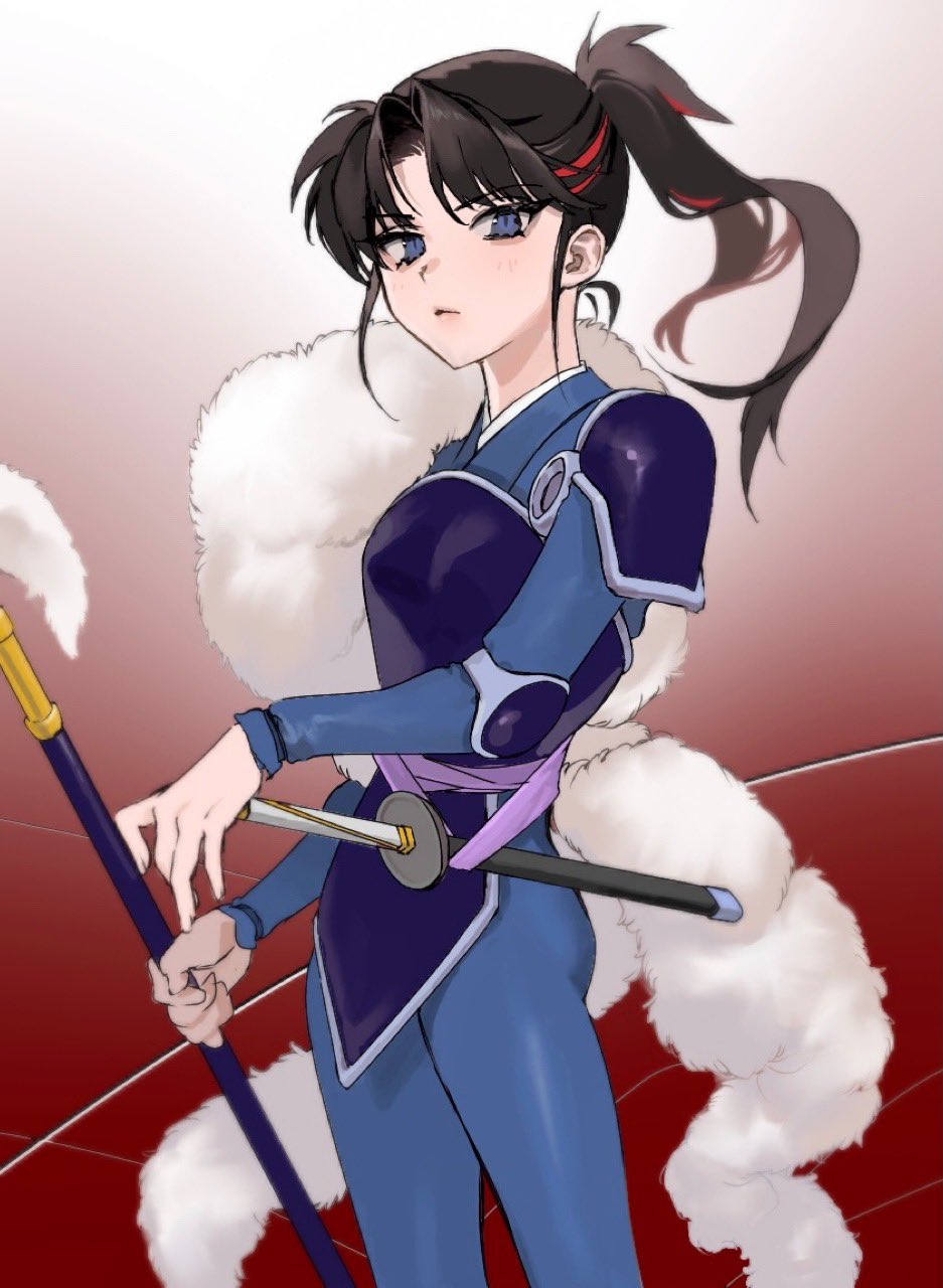 1girl, armor, blue_bodysuit, blue_eyes, bodysuit, breastplate, brown_hair, cowboy_shot, elbow_pads, gradient_background, han'you_no_yashahime, highres, holding, holding_weapon, japanese_armor, long_hair, looking_at_viewer, mashiro_andy, multicolored_hair, parted_bangs, ponytail, red_background, redhead, setsuna_(inuyasha), short_sword, shoulder_armor, sidelocks, solo, streaked_hair, sword, weapon, white_fur