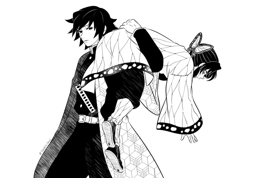 1boy, 1girl, animal_print, belt, black_hair, black_jacket, black_pants, butterfly_hair_ornament, butterfly_print, carrying_over_shoulder, demon_slayer_uniform, greyscale, hair_ornament, haori, highres, jacket, japanese_clothes, kimetsu_no_yaiba, kochou_shinobu, monochrome, open_mouth, pants, parted_bangs, print_haori, seezly_tani, sidelocks, sweatdrop, tomioka_giyuu, twitter_username, upper_body, white_background, white_belt