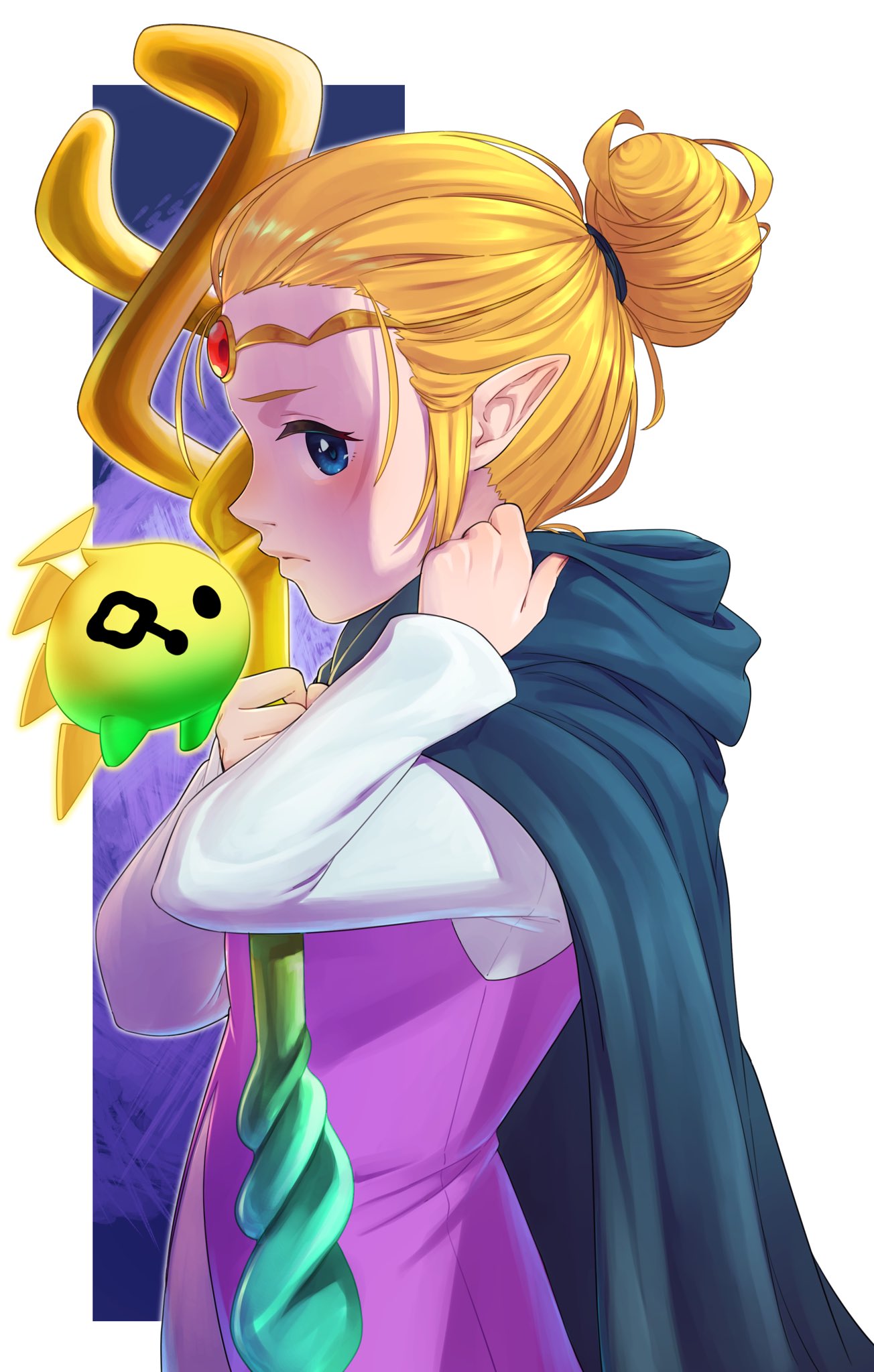 1girl, aduti_momoyama, blonde_hair, blue_eyes, circlet, cloak, dress, forehead_jewel