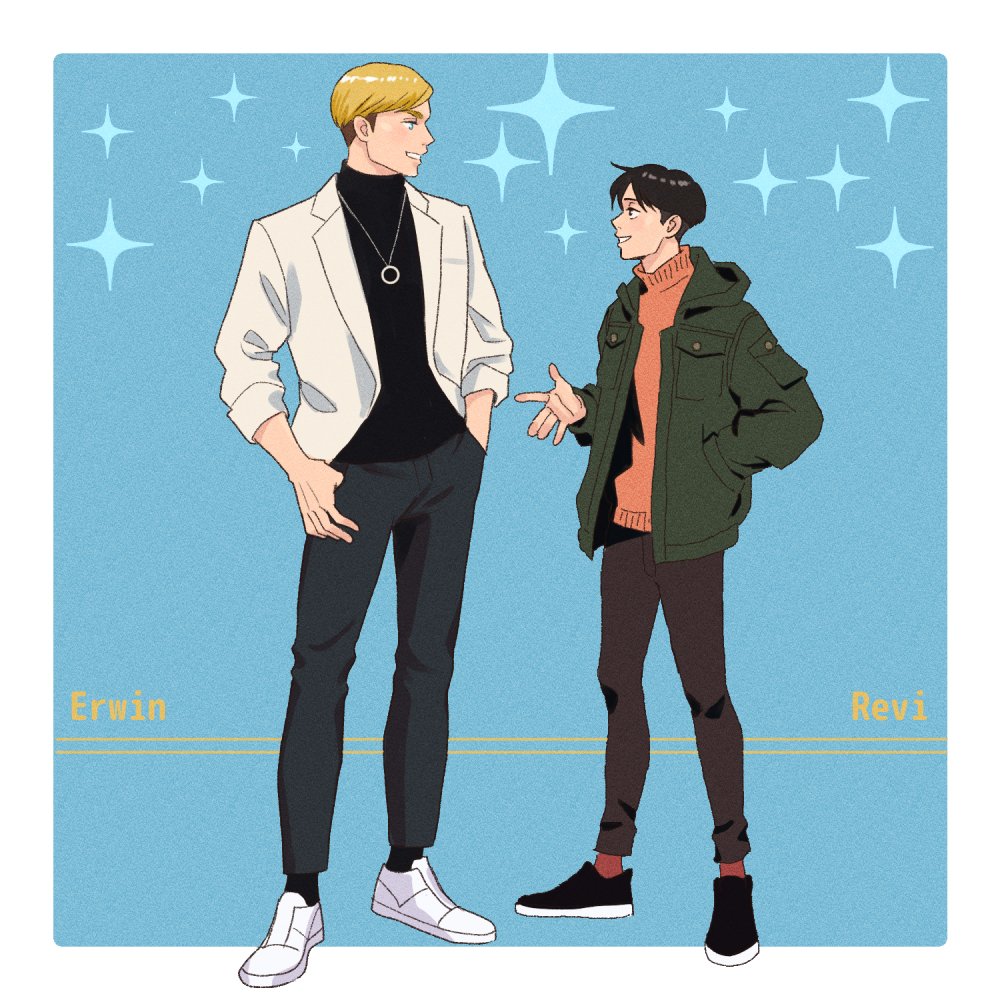 1216liddell, 2boys, black_footwear, black_hair, black_shirt, blonde_hair, blue_background, blue_eyes