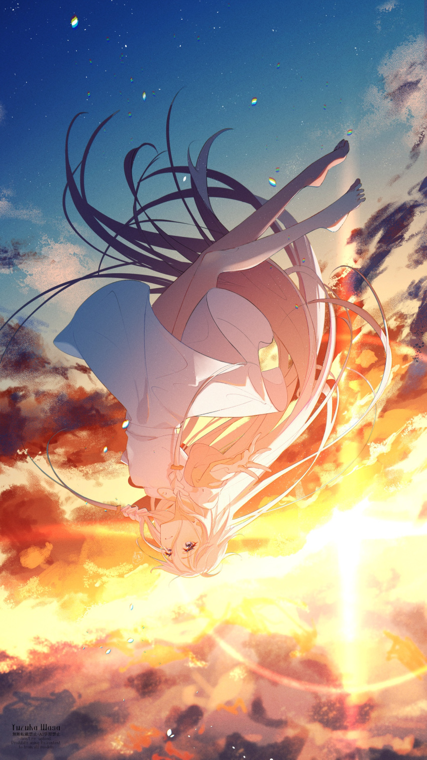 1girl, absurdres, asu_no_yozora_shoukaihan_(vocaloid), barefoot, blue_eyes, braid, clouds, dress