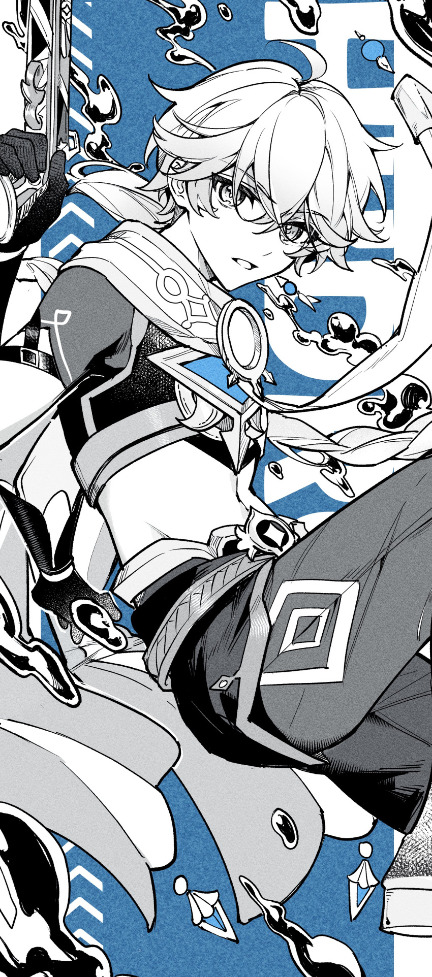 1boy, absurdres, aether_(genshin_impact), ahoge, arm_armor, baggy_pants, belt, blue_background