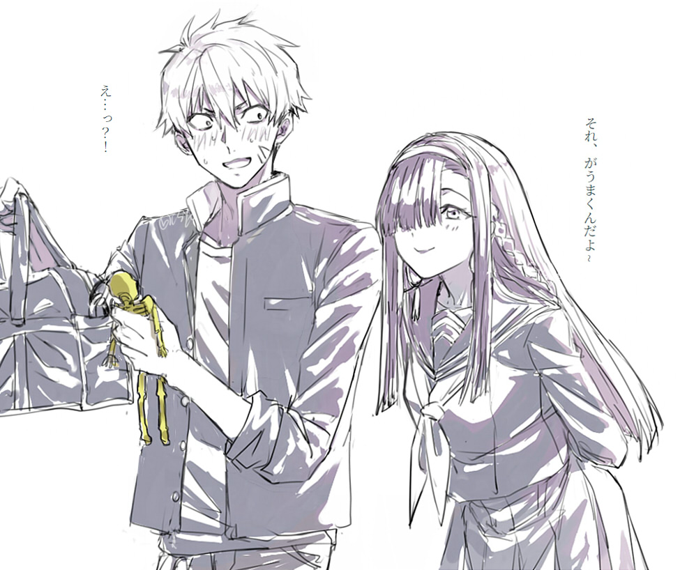 1boy, 1girl, bag, black_serafuku, blush, couple, dress, earrings