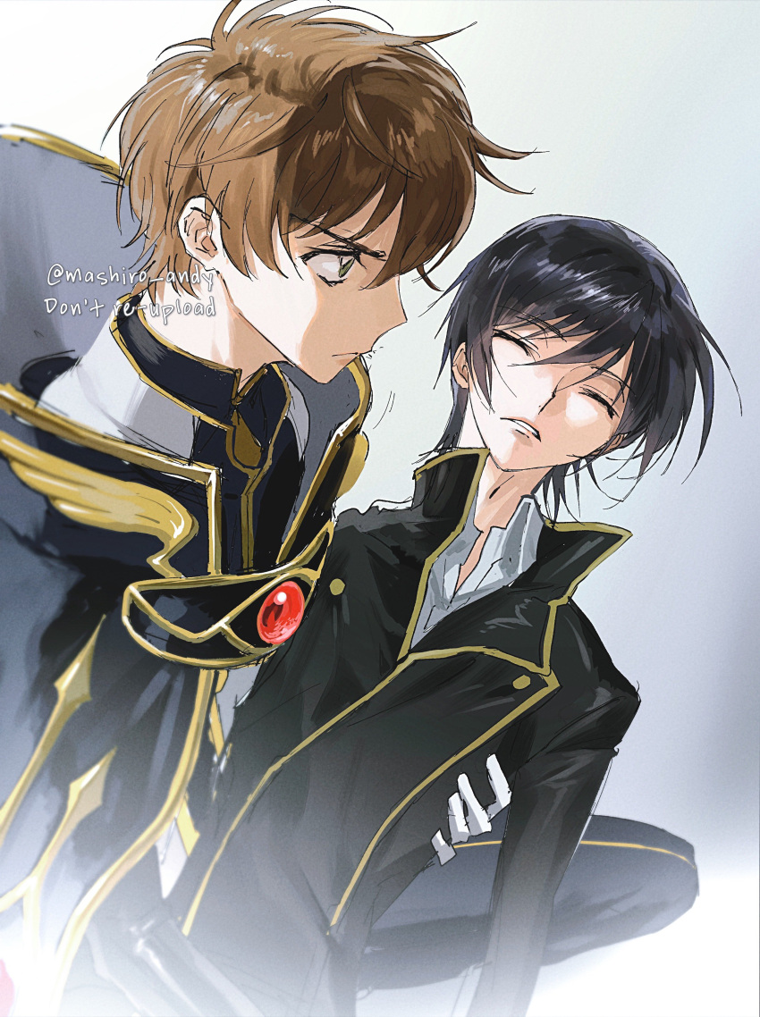 2boys, absurdres, black_hair, black_jacket, black_pants, brown_hair, closed_eyes, closed_mouth, code_geass, collared_shirt, furrowed_brow, gem, gloves, gold_trim, hair_between_eyes, highres, jacket, kururugi_suzaku, lelouch_vi_britannia, male_focus, mashiro_andy, military_uniform, multiple_boys, pants, parted_lips, red_gemstone, shirt, short_hair, twitter_username, upper_body, white_gloves, white_shirt