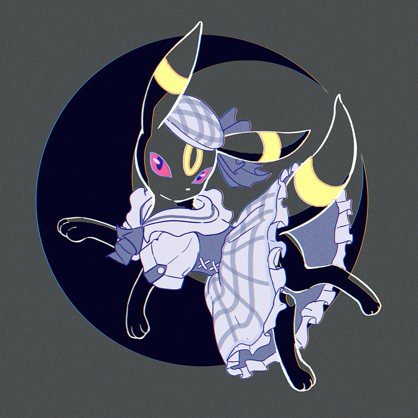 animal_focus, black_fur, clothed_pokemon, colored_sclera, corset, crescent, dress, facial_mark