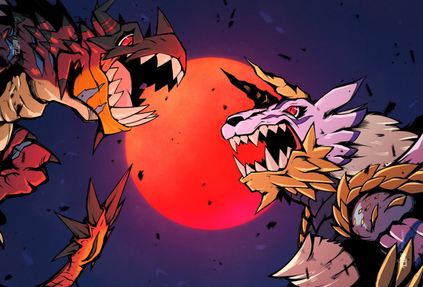 blue_fur, colored_skin, confrontation, debris, digimon, dragon, fake_horns, full_moon, helmet, highres, horned_helmet, horns, monster_hunter_(series), moon, no_humans, open_mouth, orange_skin, red_eyes, red_moon, reusgreymon, ridgeone, scales, sharp_teeth, slit_pupils, spiked_tail, spikes, tail, teeth, two-tone_fur, yellow_horns, yellow_scales, yellow_skin, zinogarurumon