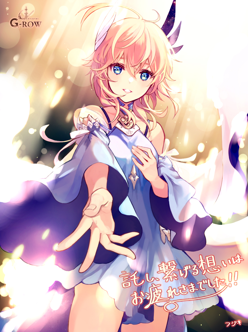 1girl, ahoge, artist_name, bare_shoulders, blonde_hair, blue_dress, blue_eyes, breasts