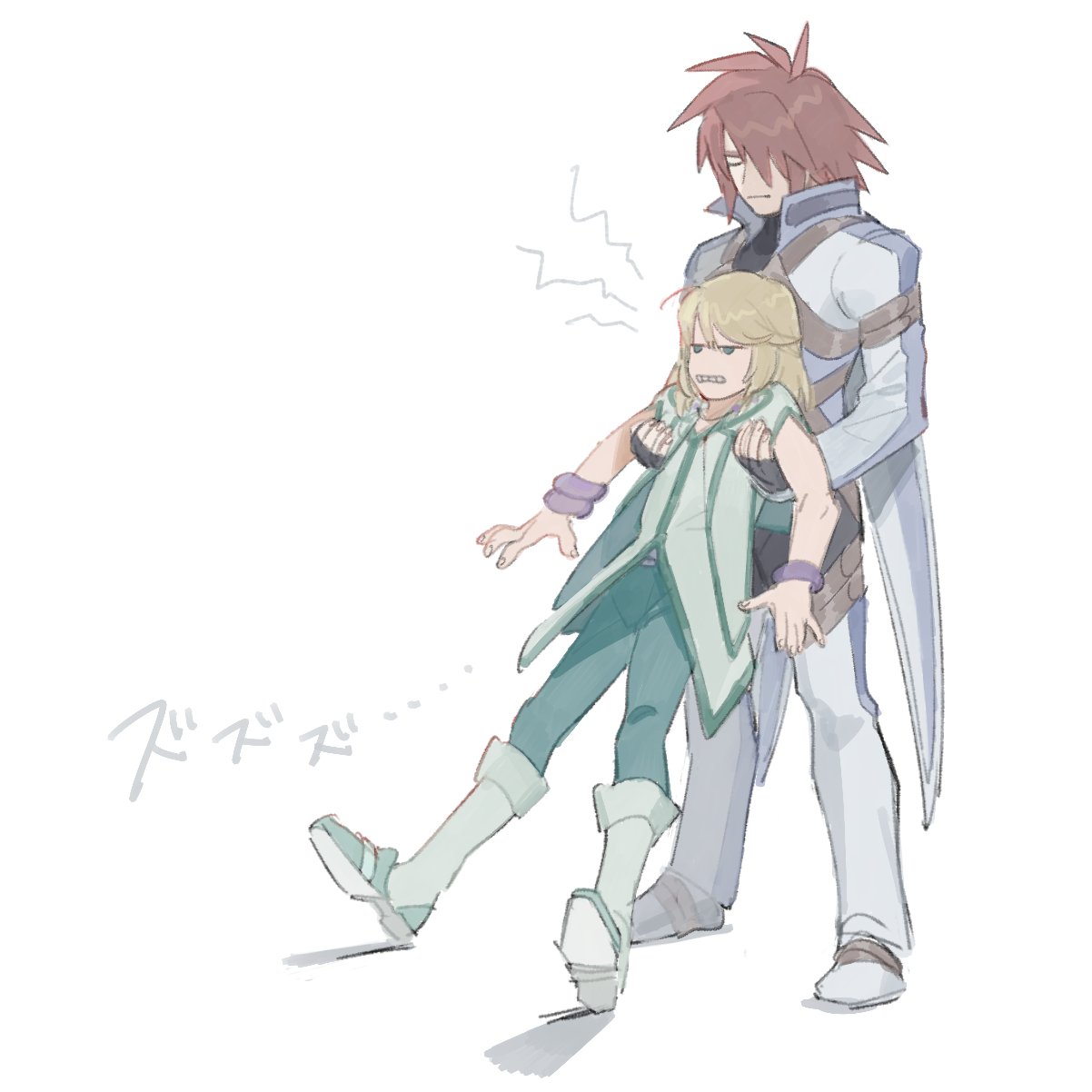 belt, boots, clenched_teeth, closed_eyes, closed_mouth, dragging, fingerless_gloves, gloves