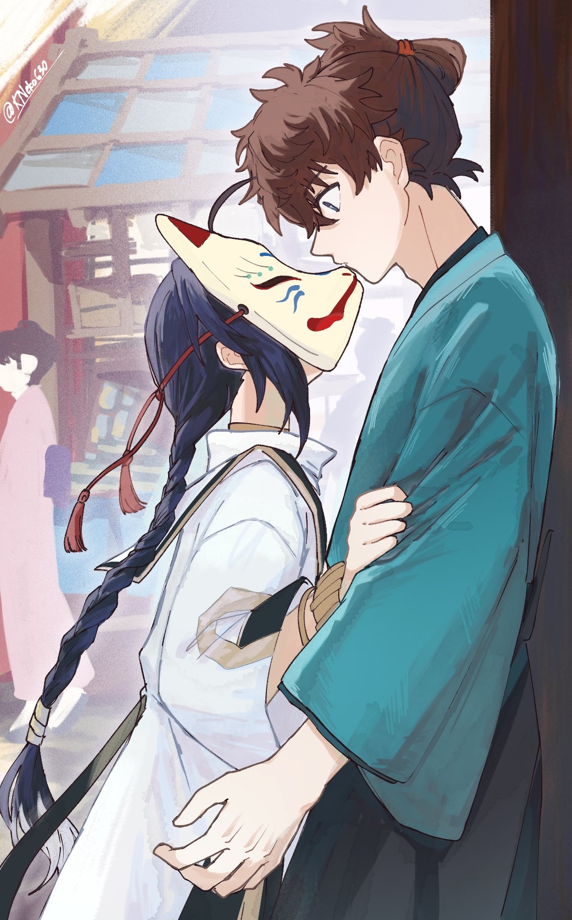 1boy, 1other, ahoge, androgynous, black_hair, black_hakama, blue_kimono, bracelet