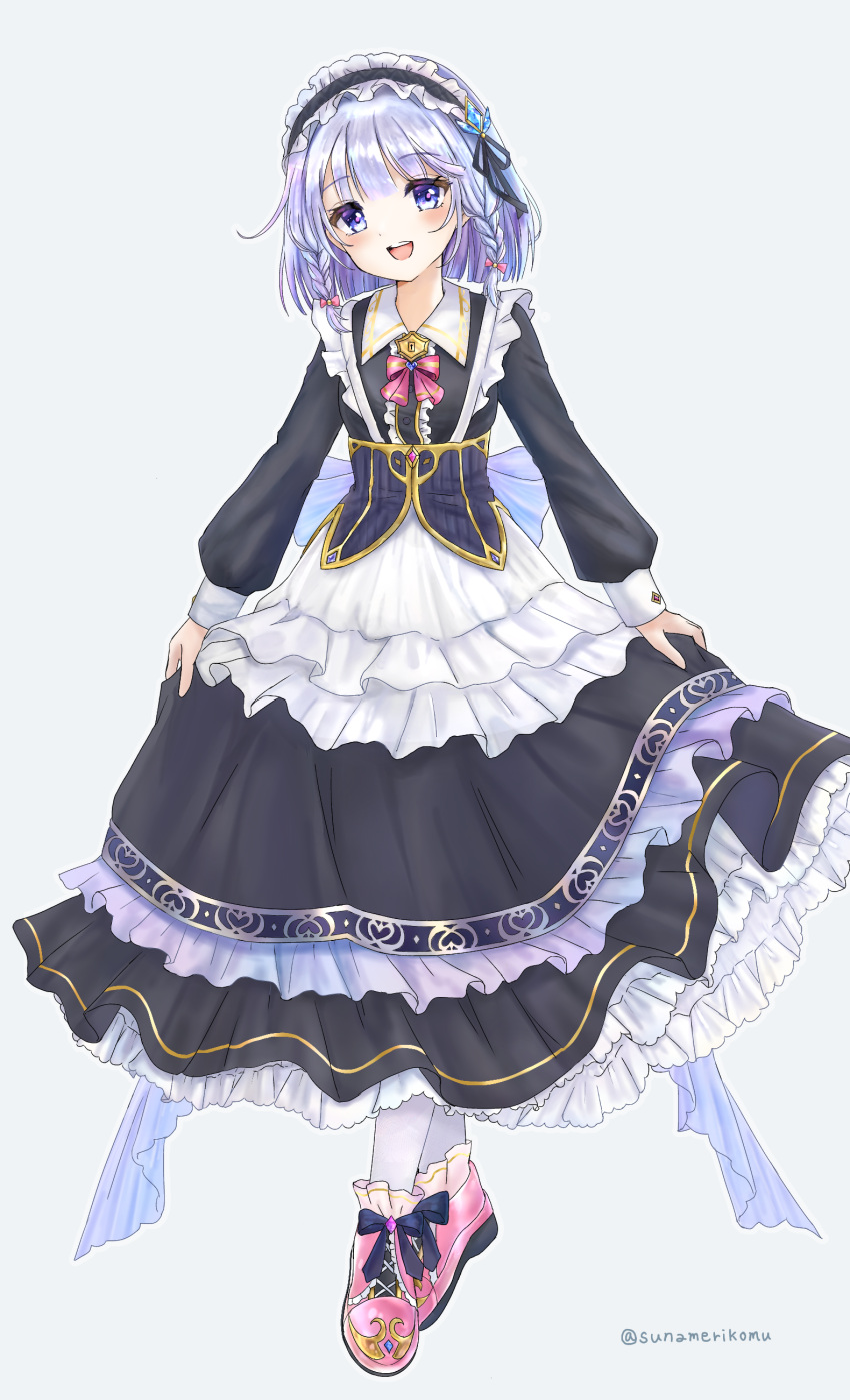 1girl, :d, absurdres, black_dress, black_hairband, center_frills, collared_dress, commentary_request