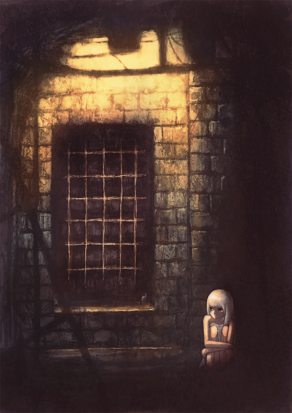 blackball, dark, dungeon, highres, leg_hug, long_hair, original, prison, red_eyes, ruins, sitting, solo, white_hair