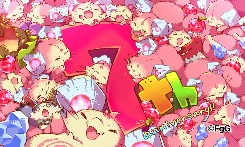 apple, biting, closed_eyes, closed_mouth, dare_ga_tame_no_alchemist, eating, eye_contact, fangs, food, fruit, highres, lizardman, looking_at_another, looking_at_food, lying, monster, mouse_(animal), no_humans, official_art, on_stomach, ratty_(dare_ga_tame_no_alchemist), second-party_source, skin_fangs, sleeping, tail