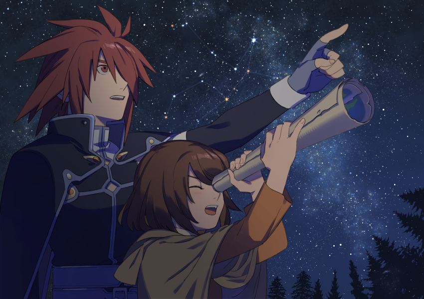 1boy, 1girl, \||/, absurdres, andromeda_(constellation), anna_irving, bob_cut, brown_hair