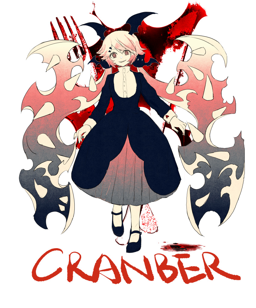1girl, absurdres, black_dress, cranber_(funamusea), demon_girl, dress, funamusea, haiiro_teien, highres, long_hair, looking_at_viewer, mary_janes, njad5777, pink_hair, shoes, solo, spikes, very_long_hair
