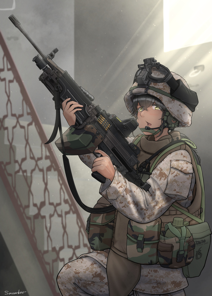 1girl, absurdres, aiming, ammunition, ammunition_belt, ammunition_box, artist_name, black_hair