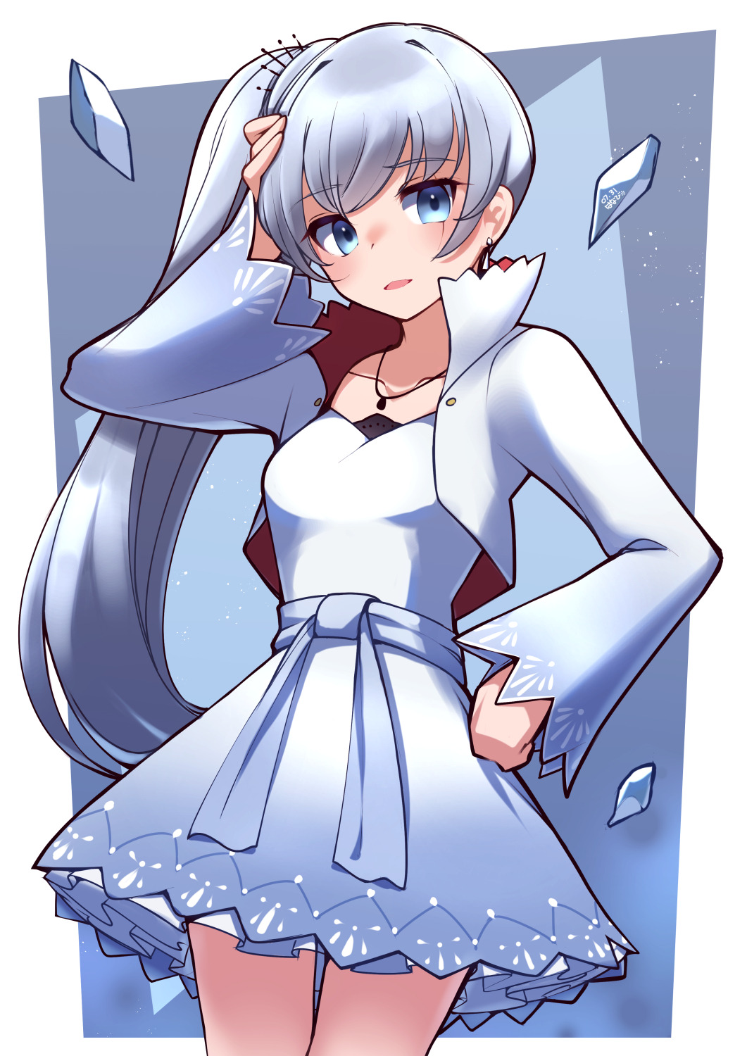 1girl, blue_background, blue_eyes, breasts, crystal, dated, dress, earrings, highres, ice_crystal, jacket, jewelry, long_hair, long_sleeves, looking_at_viewer, necklace, open_mouth, ponytail, rwby, scar, scar_across_eye, scar_on_face, side_ponytail, simple_background, small_breasts, solo, umenodo, weiss_schnee, white_hair