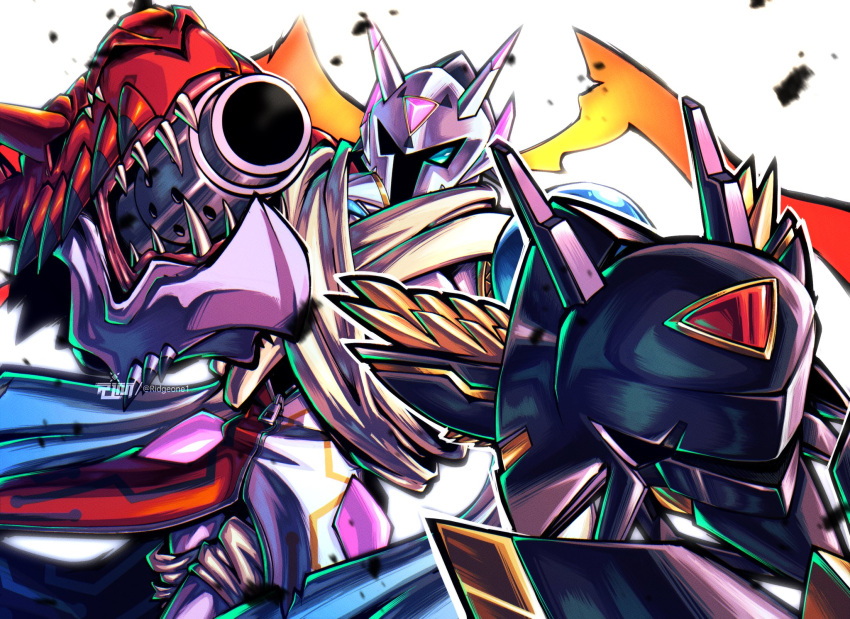 alphamon, alphamon_ouryuuken, alternate_form, arm_blade, arm_cannon, blue_eyes, chaosmon, debris