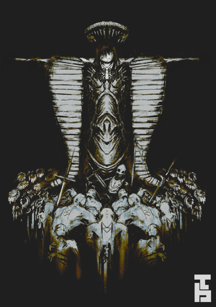 artist_logo, bazookabonsai, body_markings, commentary, dark_background, facing_viewer, fear_&amp;_hunger, halo, monochrome, pile_of_corpses, planted, planted_sword, sepia, spoilers, statue, sword, the_god_of_fear_and_hunger, weapon
