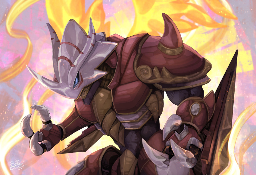absurdres, armor, baltarbd, black_sclera, blue_eyes, claws, colored_sclera, digimon